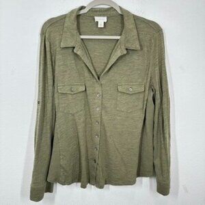 Nordstrom Caslon Classic Women's Collared Button Up Fitted Longsleeve Green NWT